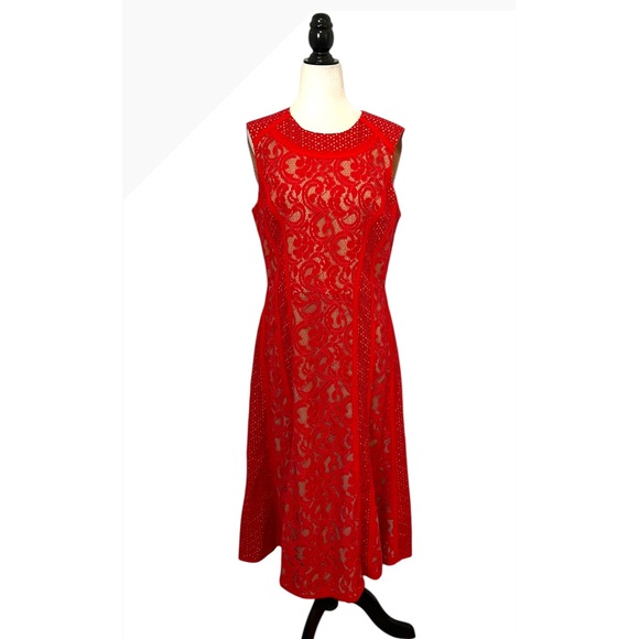BCBGMAXAZRIA Lace Midi Dress Sleeveless Party Cocktail Red Size 12 - Picture 4 of 12